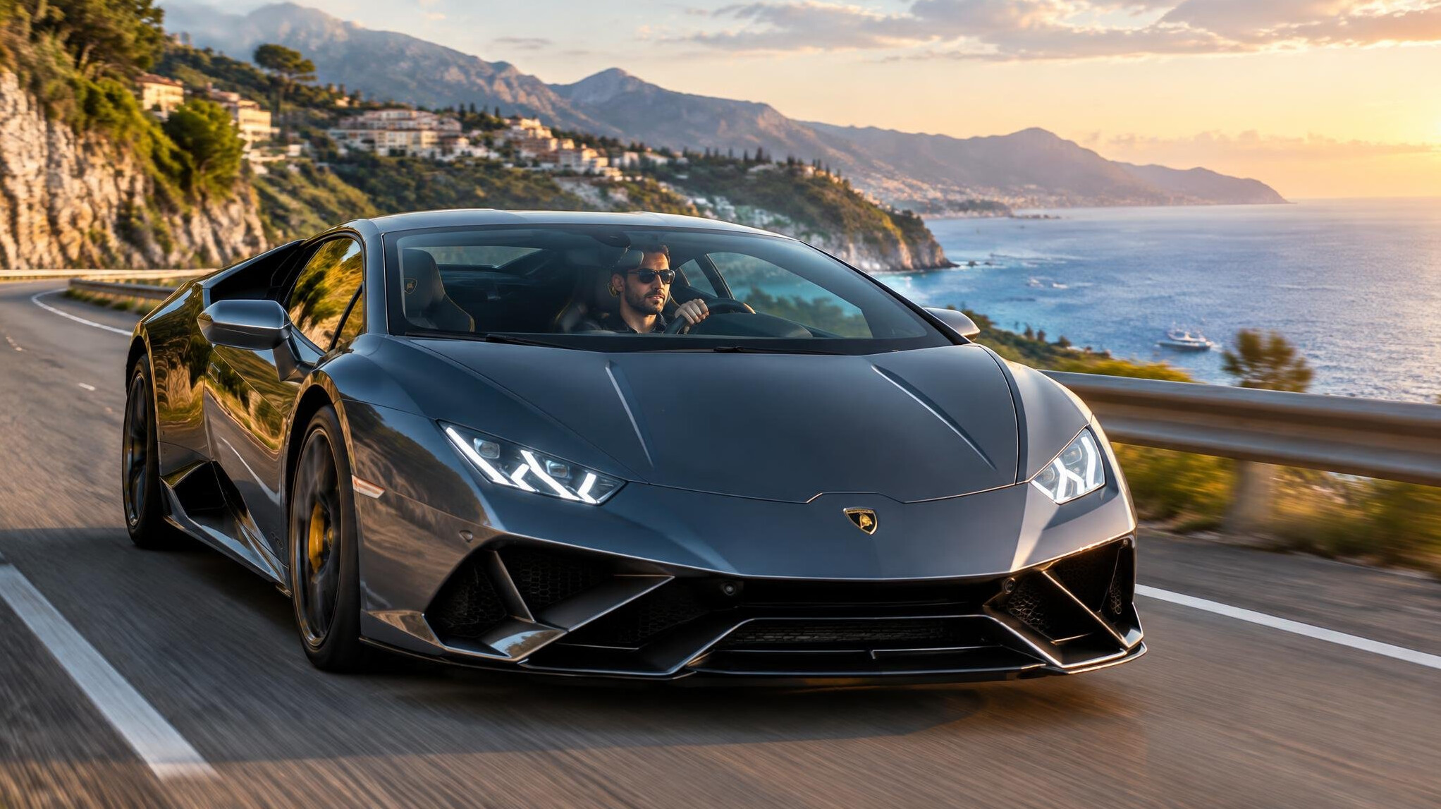 luxury car driving on scenic road