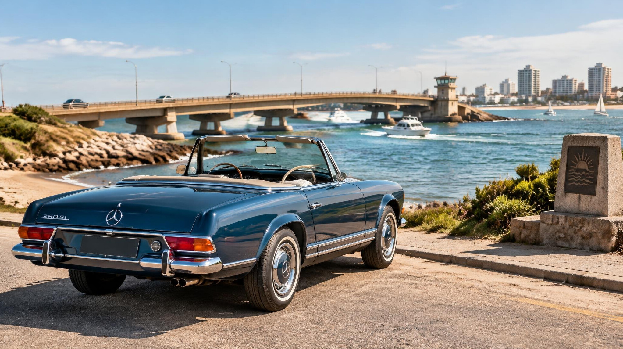 Convertible classic car parked near the Puente de la Barra in Punta del Este