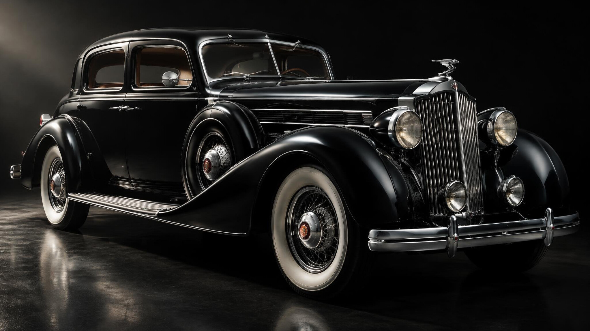 Restored 1930s luxury automobile with long curved fenders in a studio setting