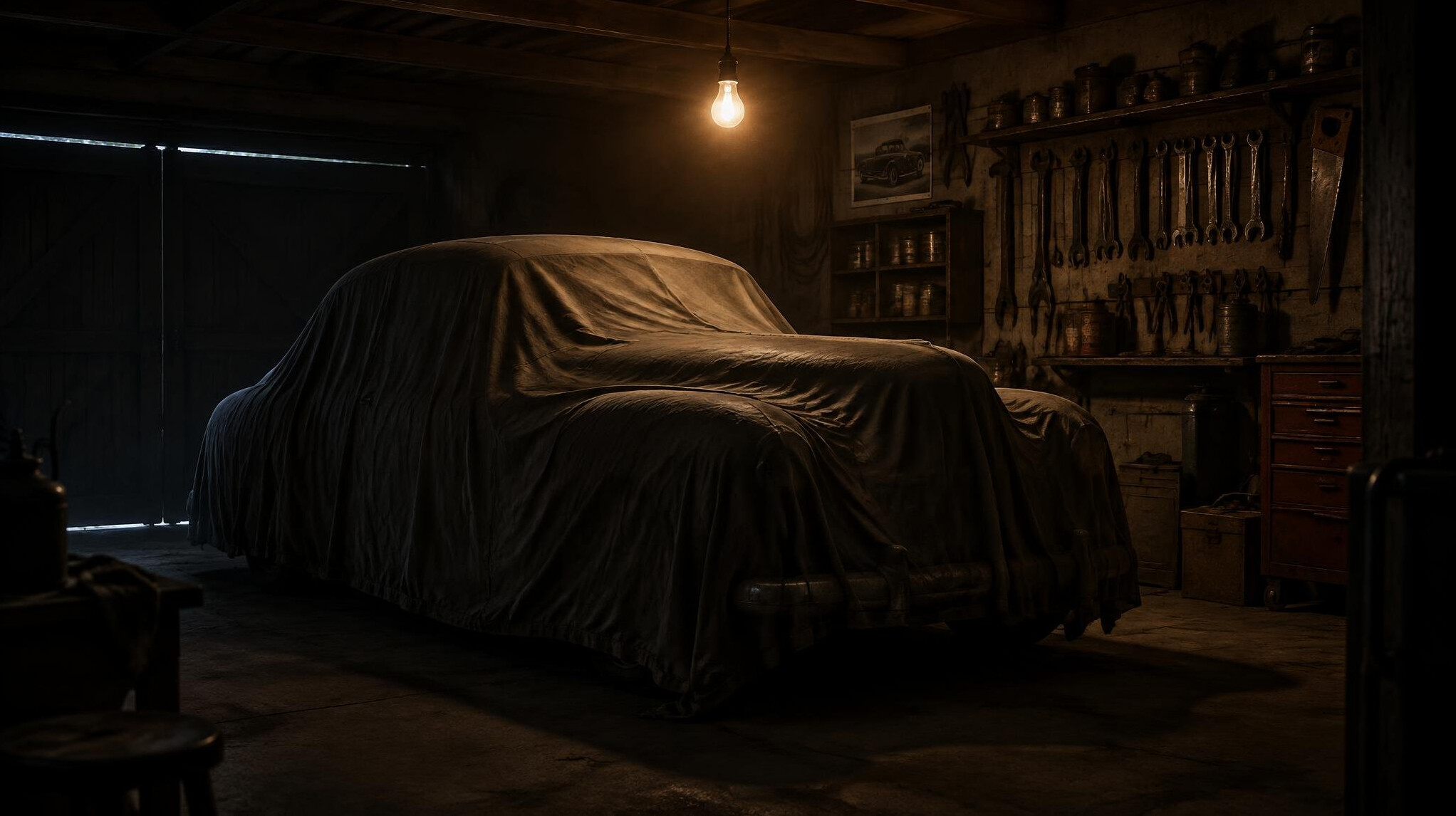 Dimly lit garage interior with a covered automobile silhouette and tools