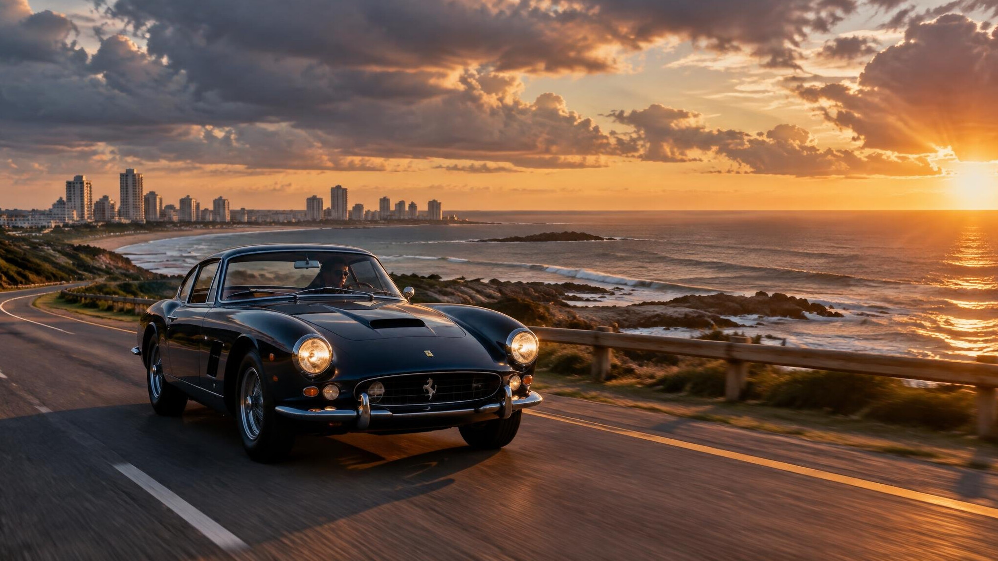 Vintage sports car driving along a coastal road in Punta del Este at sunset