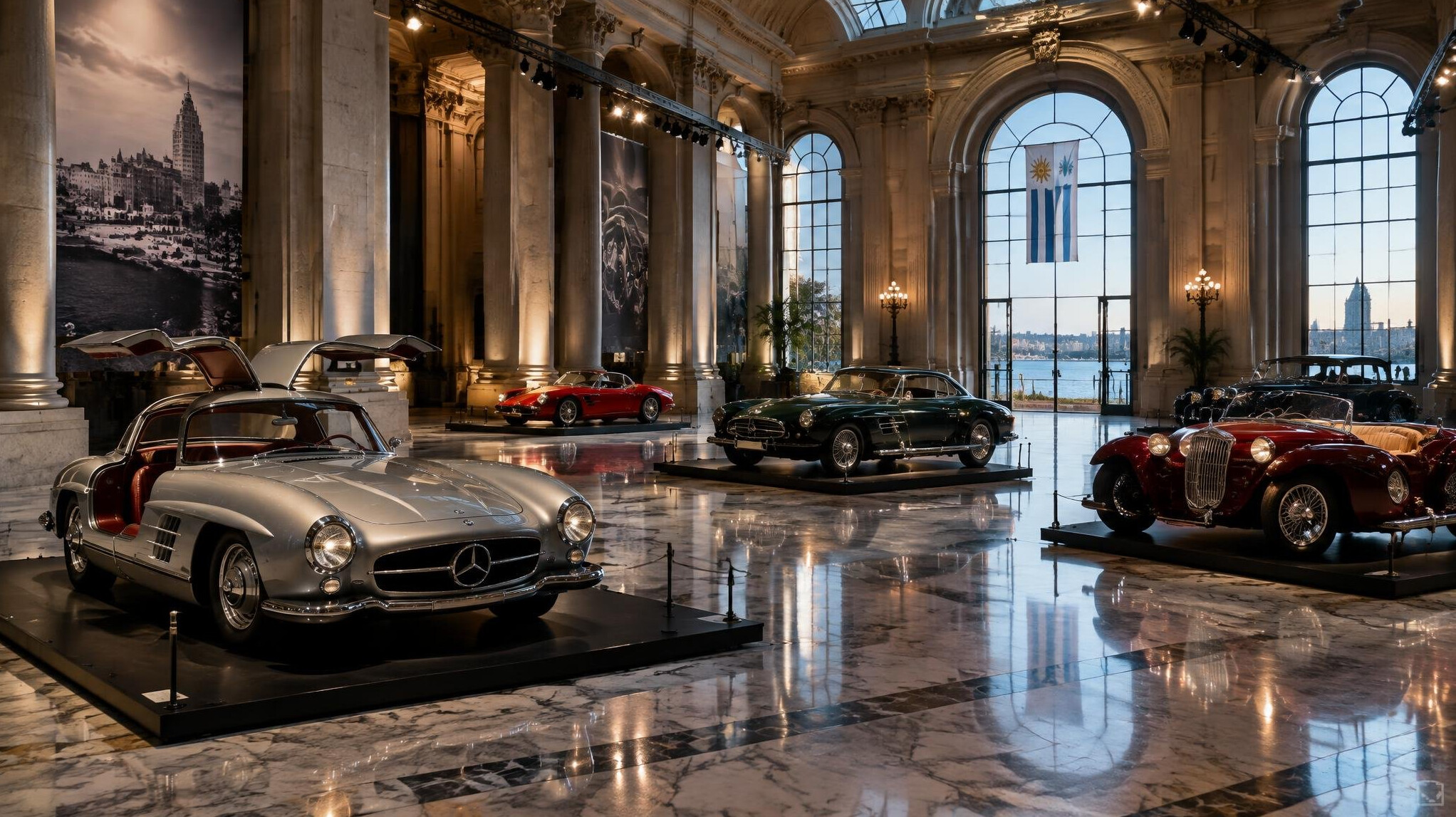 Grand exhibition hall displaying luxury and vintage automobiles for a private show