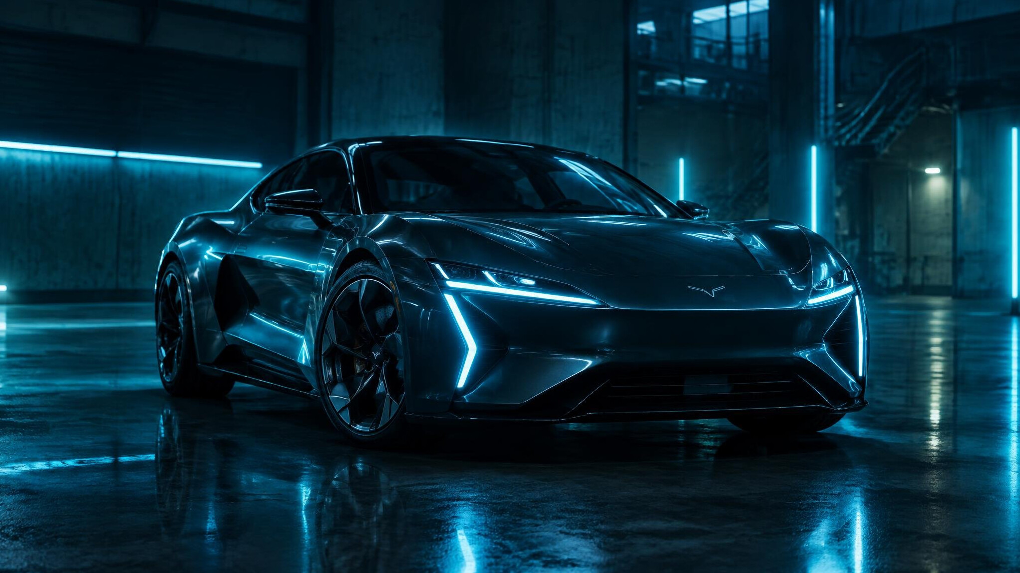 Futuristic electric performance car with glowing light details in a dark setting