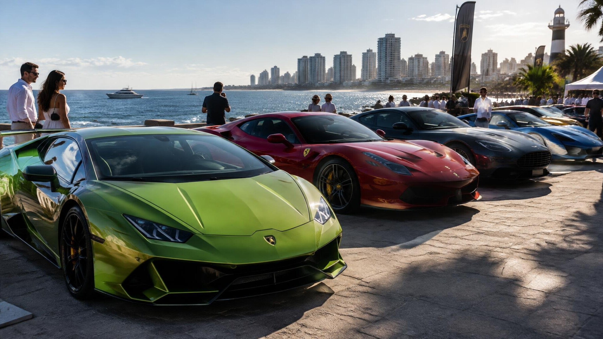 Luxury automobiles gathered on a seaside promenade during a summer exhibition