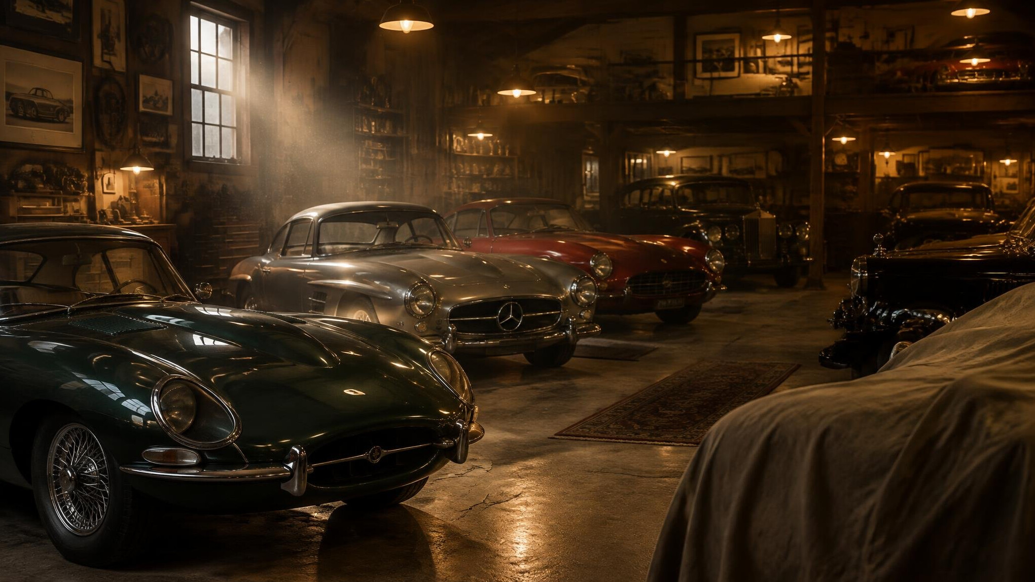 Private garage collection with multiple vintage automobiles under warm lighting