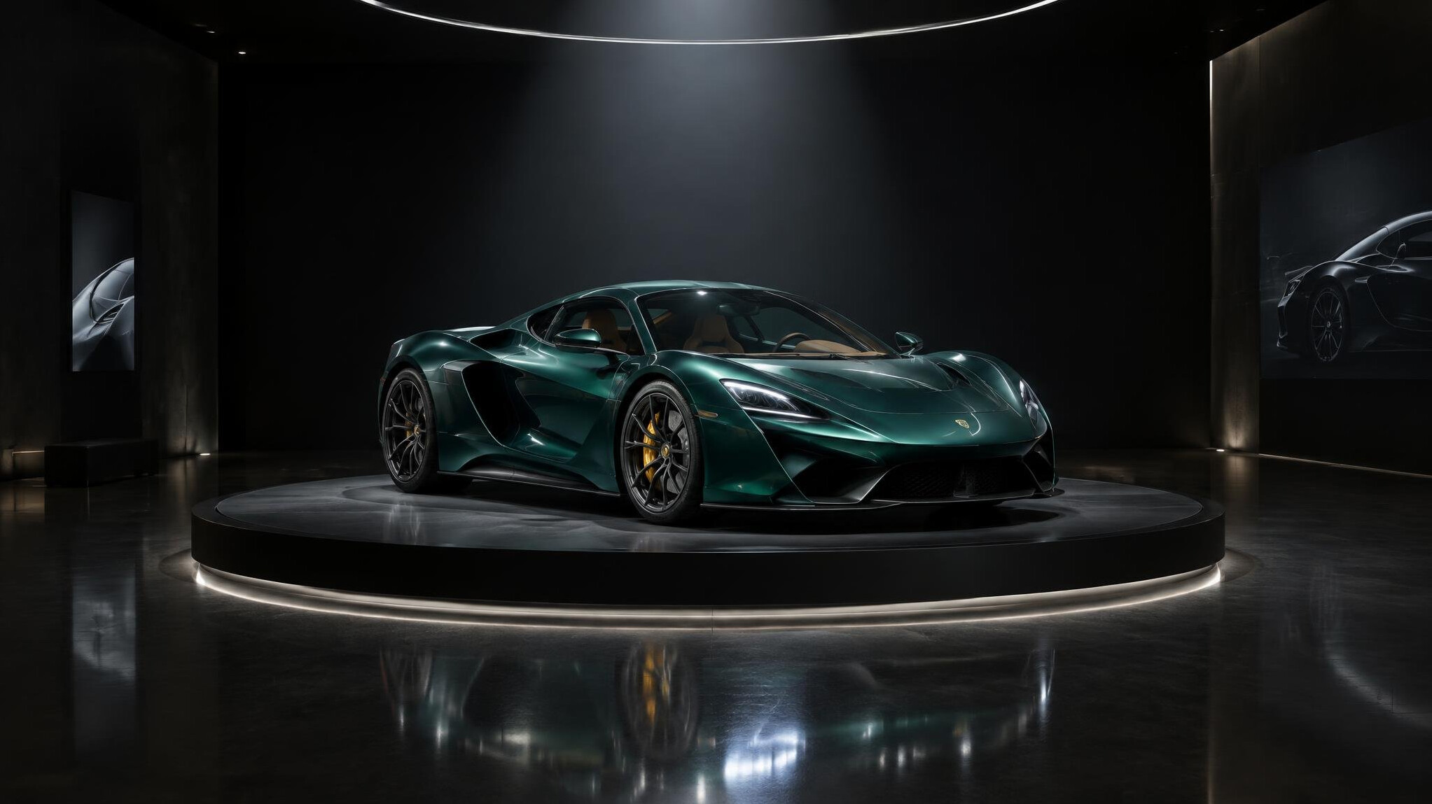 Automobile displayed on a rotating pedestal inside a dark gallery space