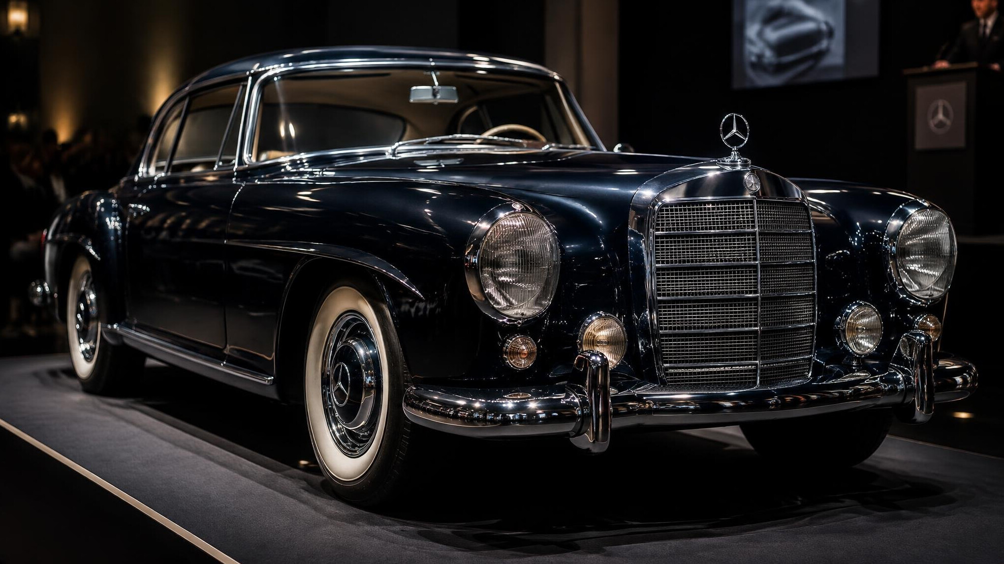 Elegant vintage Bugatti-style automobile displayed at an auction preview event