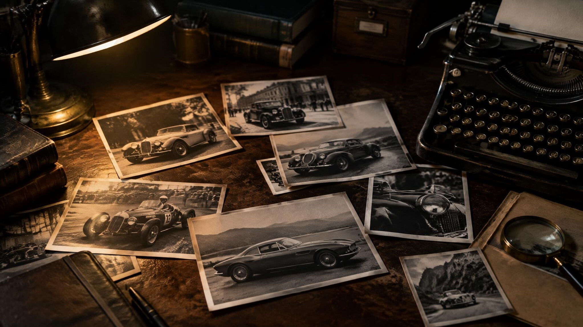 Editorial desk with vintage automobile photographs and a typewriter