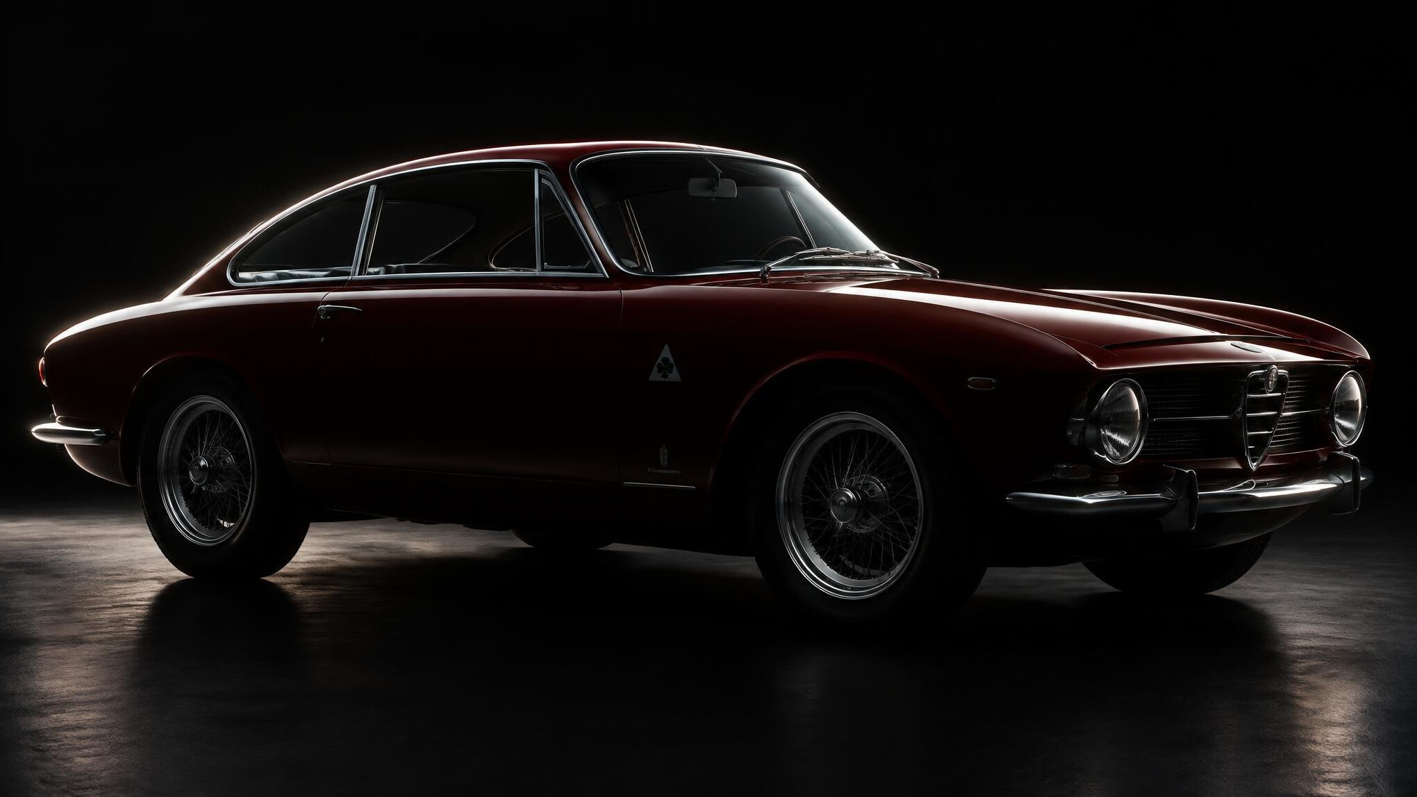 Classic 1960s European coupe photographed in a dark studio with dramatic lighting