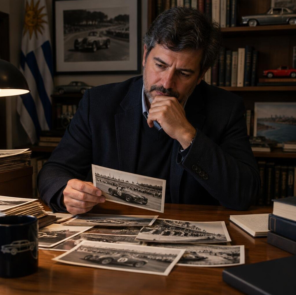 Portrait of a Uruguayan automotive journalist and editor examining archive photographs