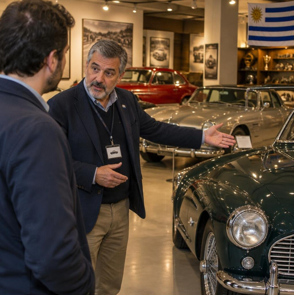 Guide showing a visitor a private vintage car collection in a curated tour