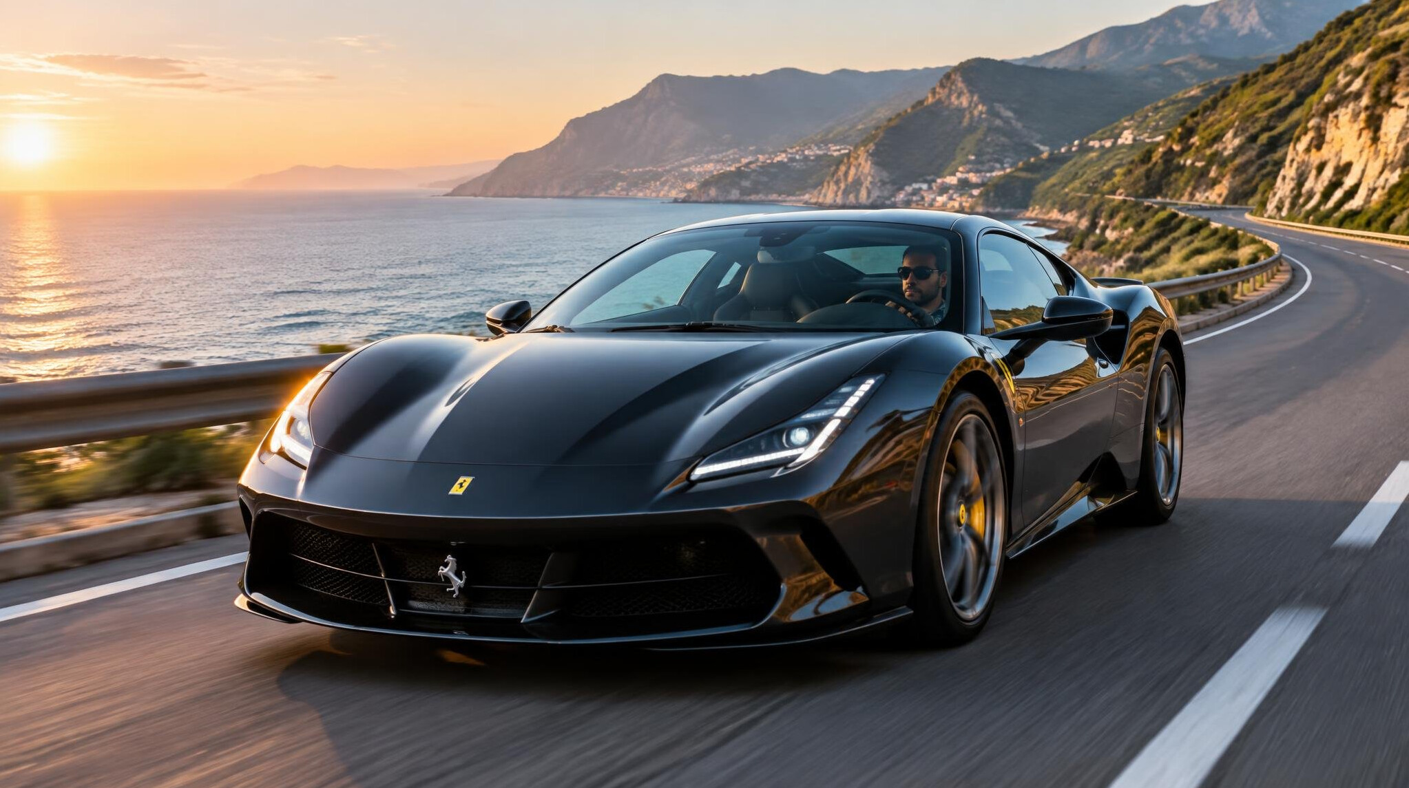 luxury car driving on scenic road